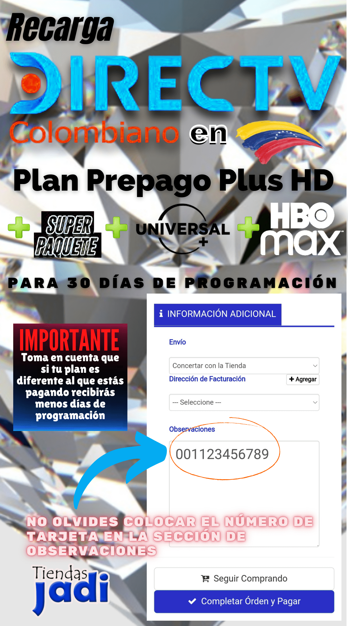 Recargar Directv Colombiano en Venezuela Basico + Super Paquete + HBO + UNIVERSAL 30 Dias Programaci