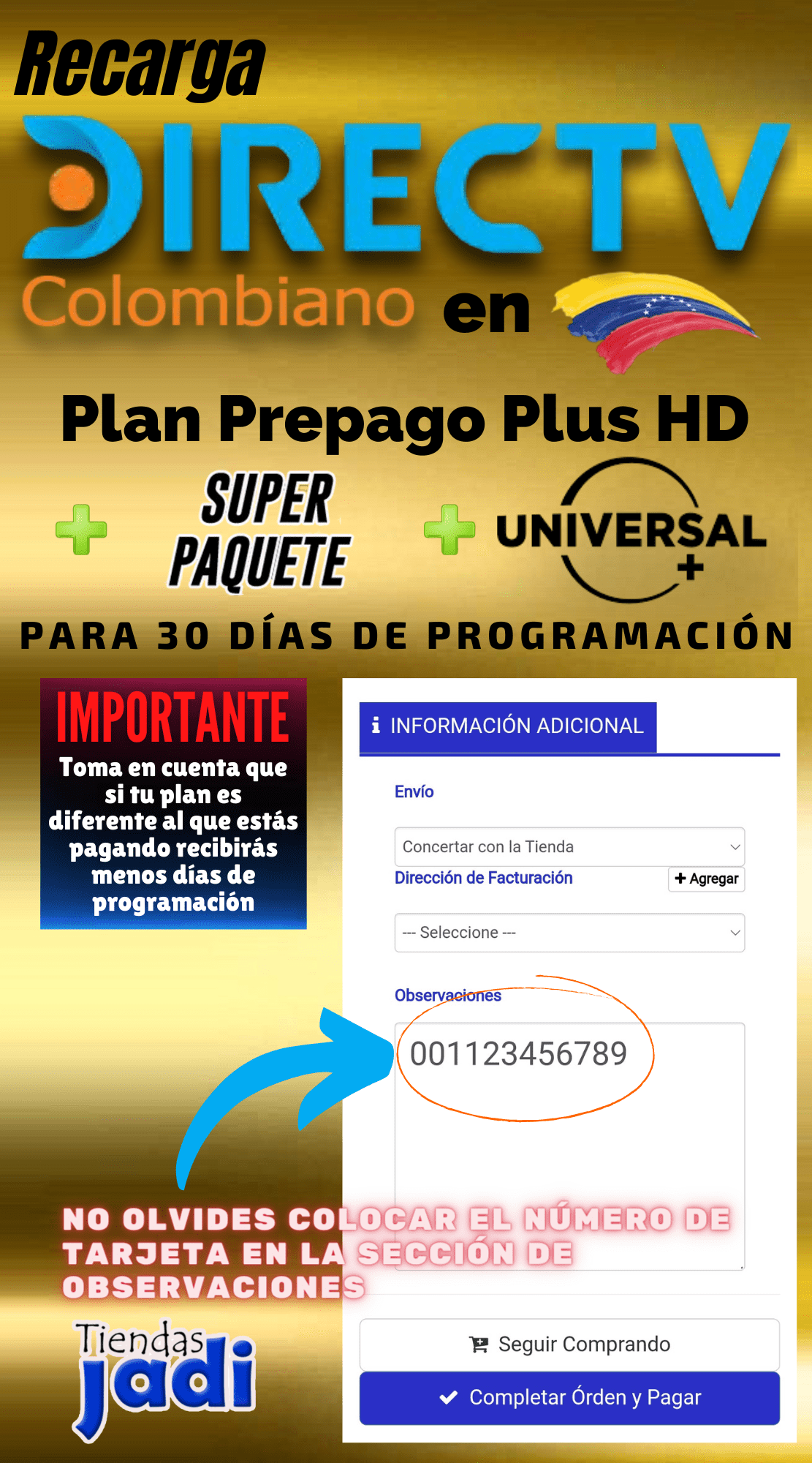 Recargar Directv Colombiano en Venezuela Plan Basico + Super Paquete + UNIVERSAL 30 Dias de Programa