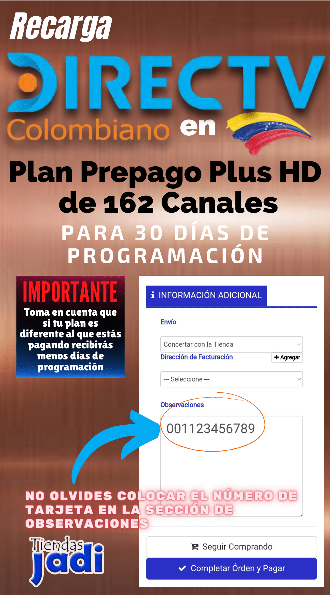 Recargar Directv Colombiano en Venezuela Plan Básico Prepago Plus HD 30 Dias de Programación