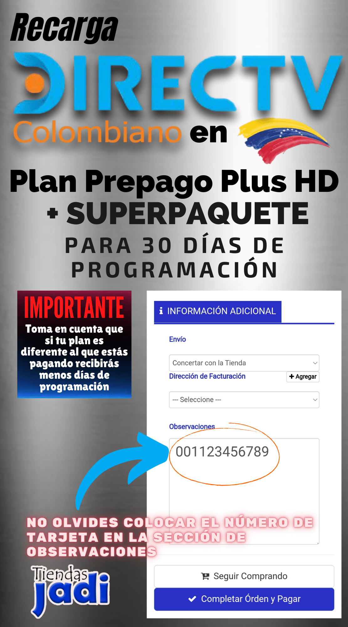 Recarga de Plan Basico  Directv Colombiano + SUPERPAQUETE 30 Dias de Programación